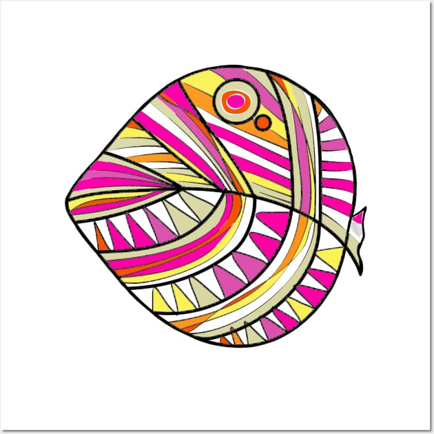 Mazipoodles New Fish Head Leaf White Magenta Orange Yellow Ecru Distressed Wall Art by Mazipoodles